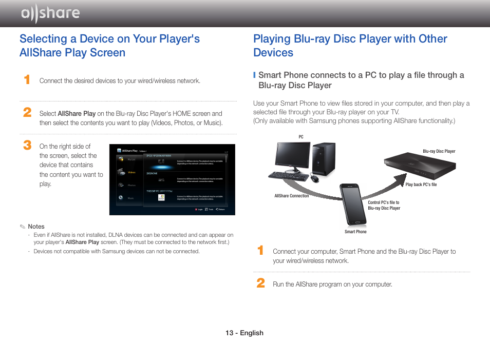 Playing blu-ray disc player with other devices | Samsung BD-EM59-ZA User Manual | Page 13 / 17