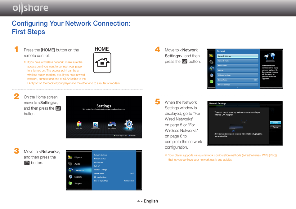 Configuring your network connection: first steps | Samsung BD-EM59-ZA User Manual | Page 4 / 17