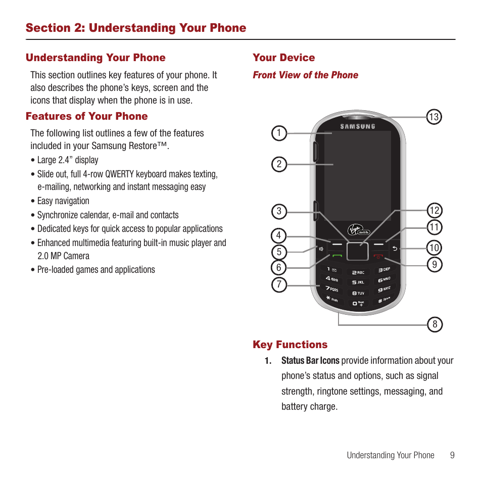 Section 2: understanding your phone, Understanding your phone, Features of your phone | Your device, Key functions, Section 2: understanding your phone9 | Samsung SPH-M575ZKAVMU User Manual | Page 13 / 113