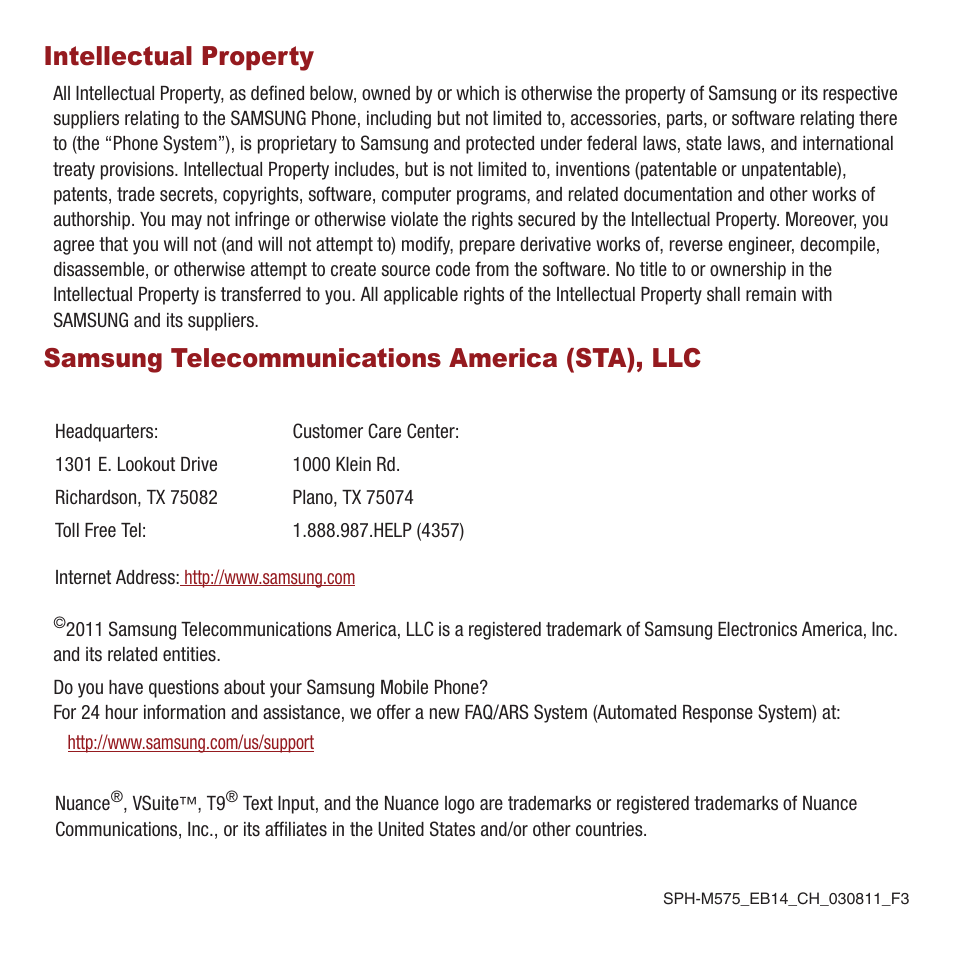 Intellectual property, Samsung telecommunications america (sta), llc | Samsung SPH-M575ZKAVMU User Manual | Page 2 / 113