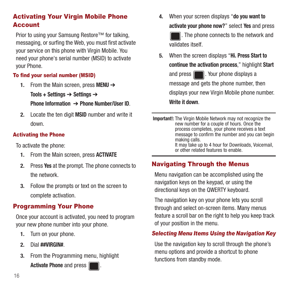 Activating your virgin mobile phone account, Programming your phone, Navigating through the menus | Samsung SPH-M575ZKAVMU User Manual | Page 20 / 113