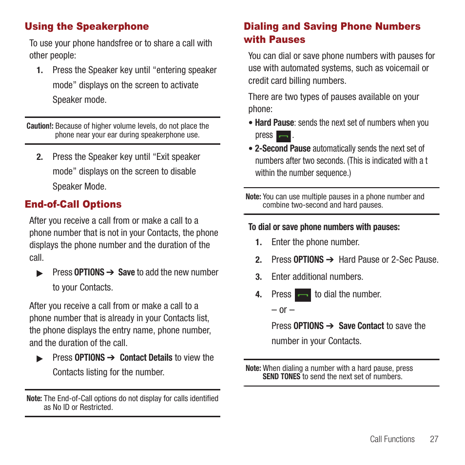 Using the speakerphone, End-of-call options, Dialing and saving phone numbers with pauses | With pauses | Samsung SPH-M575ZKAVMU User Manual | Page 31 / 113