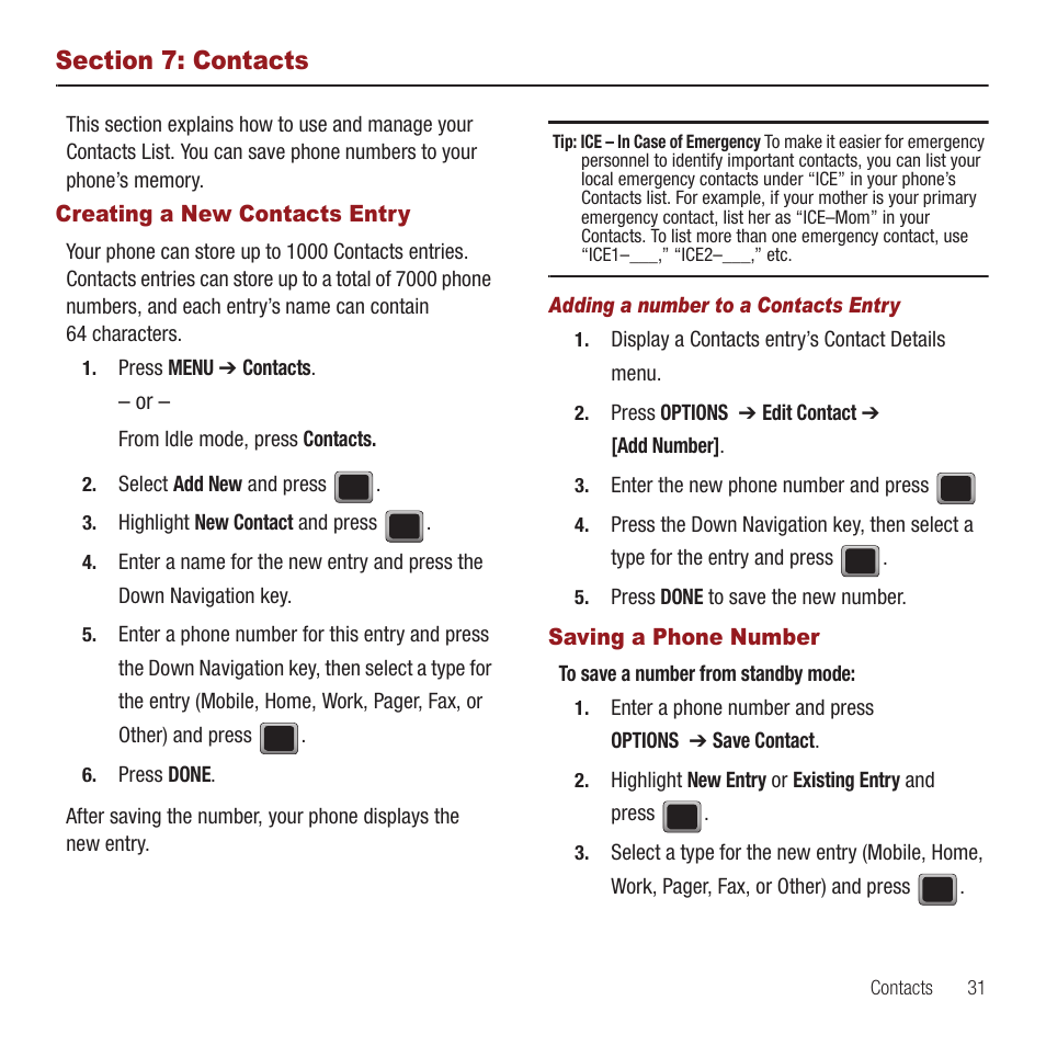 Section 7: contacts, Creating a new contacts entry, Saving a phone number | Samsung SPH-M575ZKAVMU User Manual | Page 35 / 113