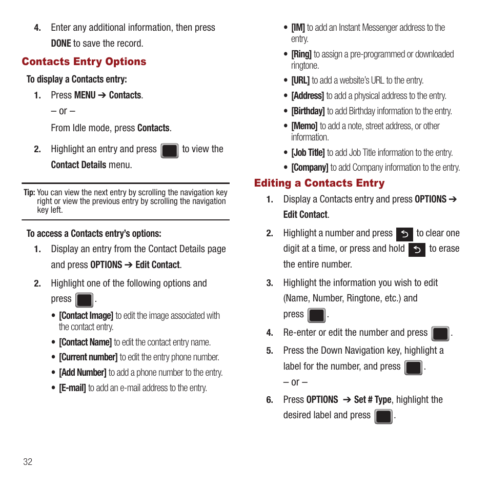 Contacts entry options, Editing a contacts entry, Contacts entry options editing a contacts entry | Samsung SPH-M575ZKAVMU User Manual | Page 36 / 113