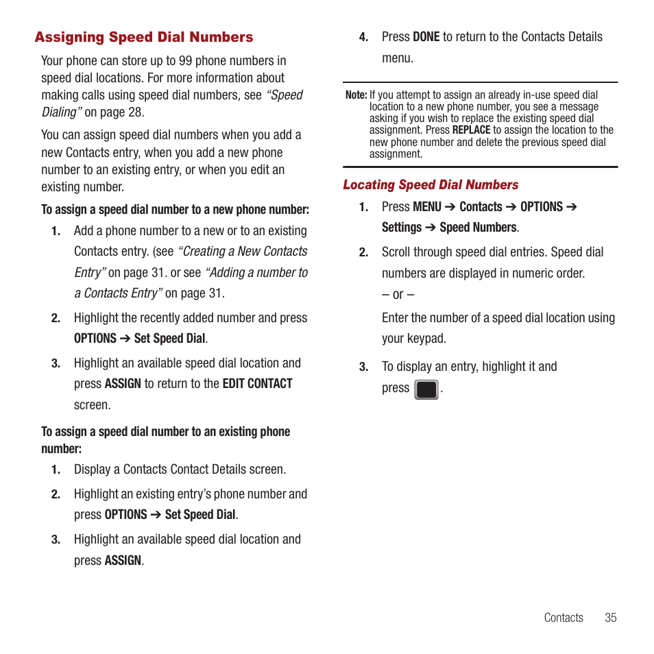 Assigning speed dial numbers | Samsung SPH-M575ZKAVMU User Manual | Page 39 / 113