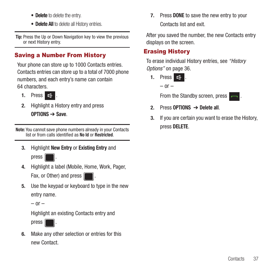 Saving a number from history, Erasing history, Saving a number from history erasing history | Samsung SPH-M575ZKAVMU User Manual | Page 41 / 113