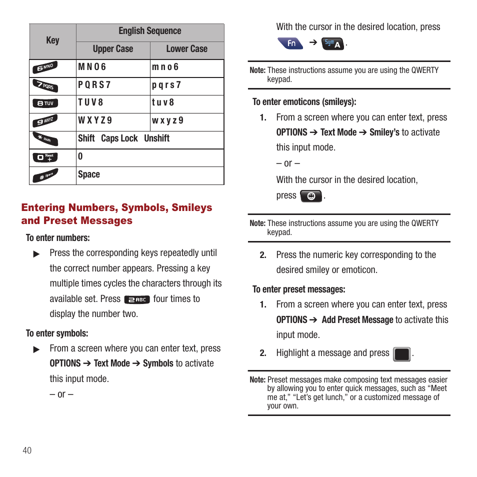 Entering numbers, symbols, smileys and, Preset messages | Samsung SPH-M575ZKAVMU User Manual | Page 44 / 113