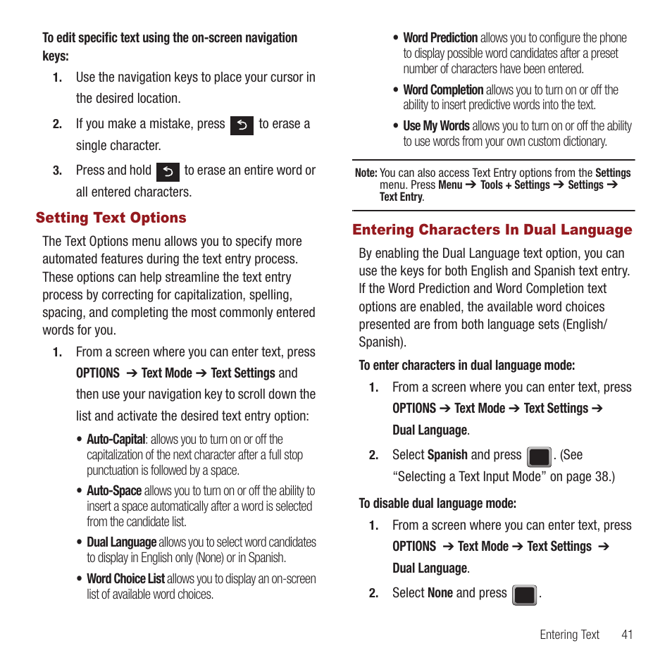 Setting text options, Entering characters in dual language | Samsung SPH-M575ZKAVMU User Manual | Page 45 / 113