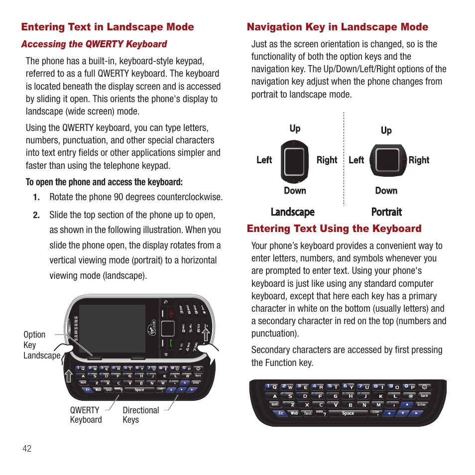 Entering text in landscape mode, Navigation key in landscape mode, Entering text using the keyboard | Samsung SPH-M575ZKAVMU User Manual | Page 46 / 113