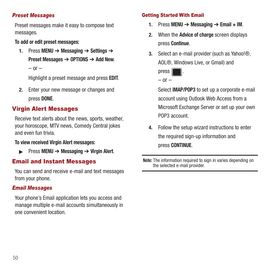 Virgin alert messages, Email and instant messages, Virgin alert messages email and instant messages | Samsung SPH-M575ZKAVMU User Manual | Page 54 / 113