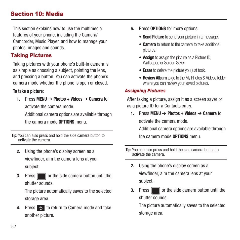 Section 10: media, Taking pictures | Samsung SPH-M575ZKAVMU User Manual | Page 56 / 113