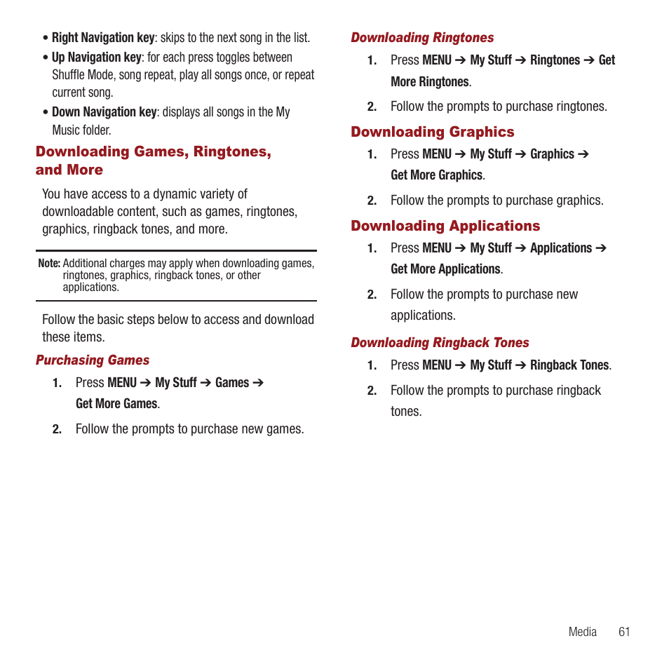Downloading games, ringtones, and more, Downloading graphics, Downloading applications | Downloading games, ringtones, And more, Downloading graphics downloading applications | Samsung SPH-M575ZKAVMU User Manual | Page 65 / 113