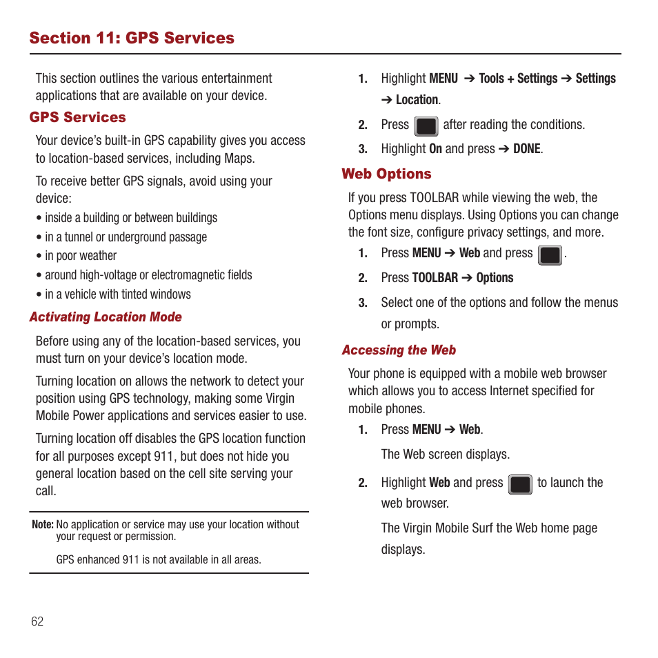 Section 11: gps services, Gps services, Web options | Samsung SPH-M575ZKAVMU User Manual | Page 66 / 113