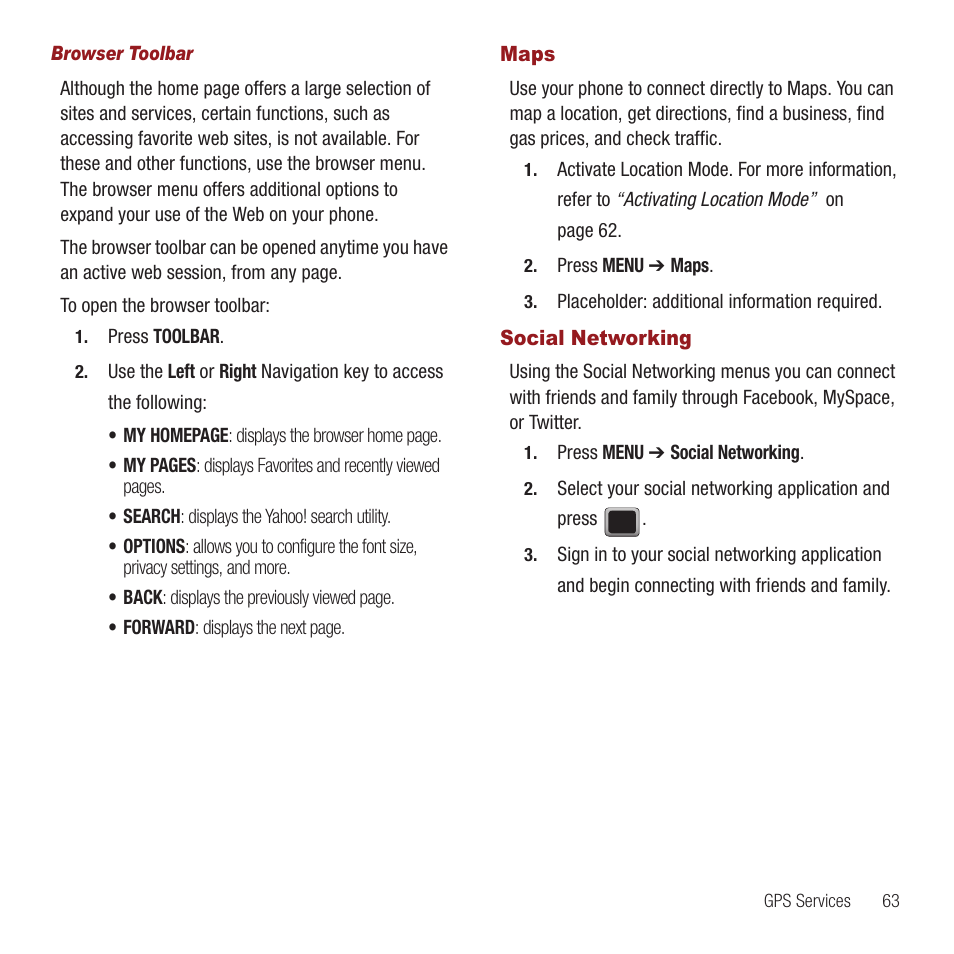 Maps, Social networking, Maps social networking | Samsung SPH-M575ZKAVMU User Manual | Page 67 / 113