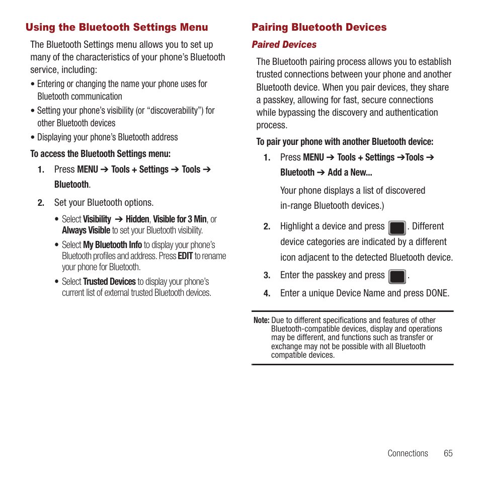 Using the bluetooth settings menu, Pairing bluetooth devices | Samsung SPH-M575ZKAVMU User Manual | Page 69 / 113