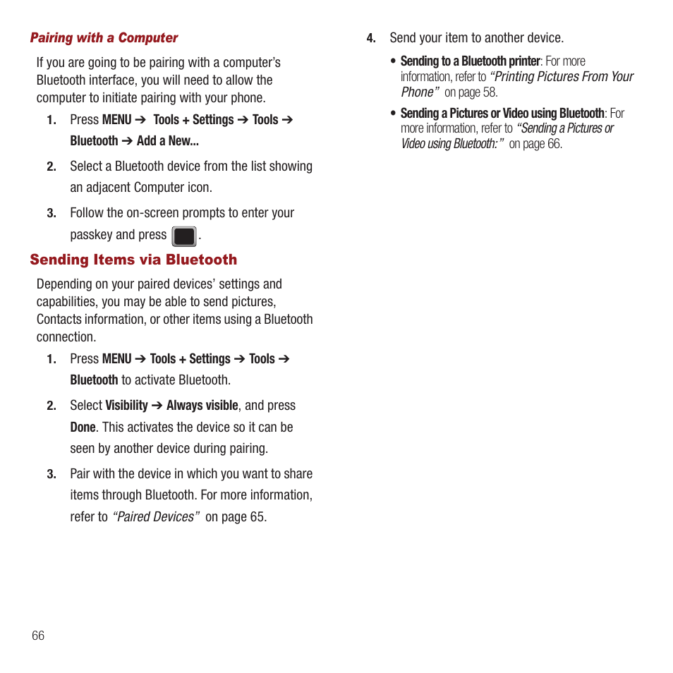 Sending items via bluetooth | Samsung SPH-M575ZKAVMU User Manual | Page 70 / 113