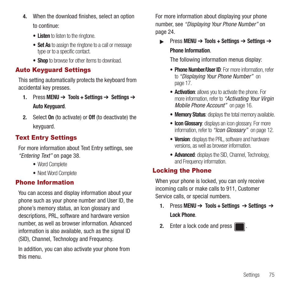 Auto keyguard settings, Text entry settings, Phone information | Locking the phone | Samsung SPH-M575ZKAVMU User Manual | Page 79 / 113