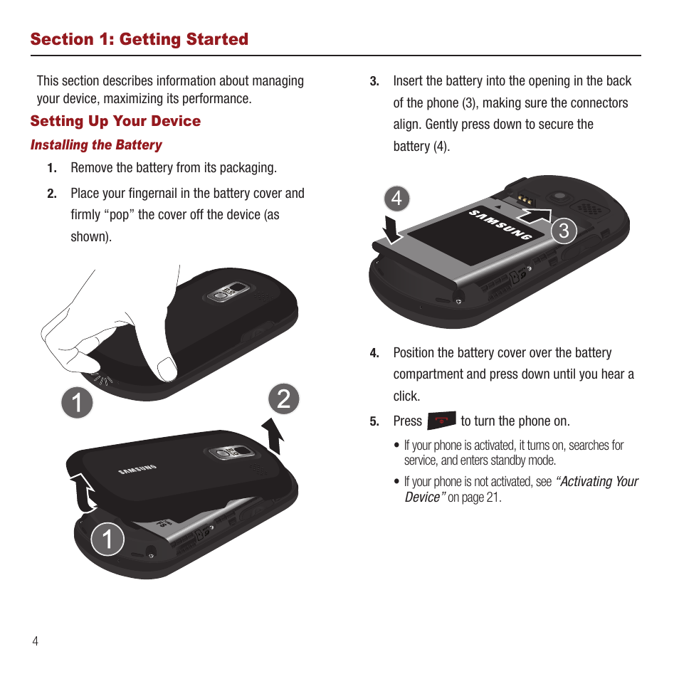 Section 1: getting started, Setting up your device | Samsung SPH-M575ZKAVMU User Manual | Page 8 / 113