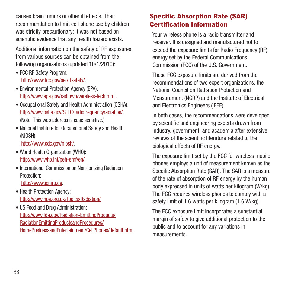 Specific absorption rate (sar), Certification information | Samsung SPH-M575ZKAVMU User Manual | Page 90 / 113