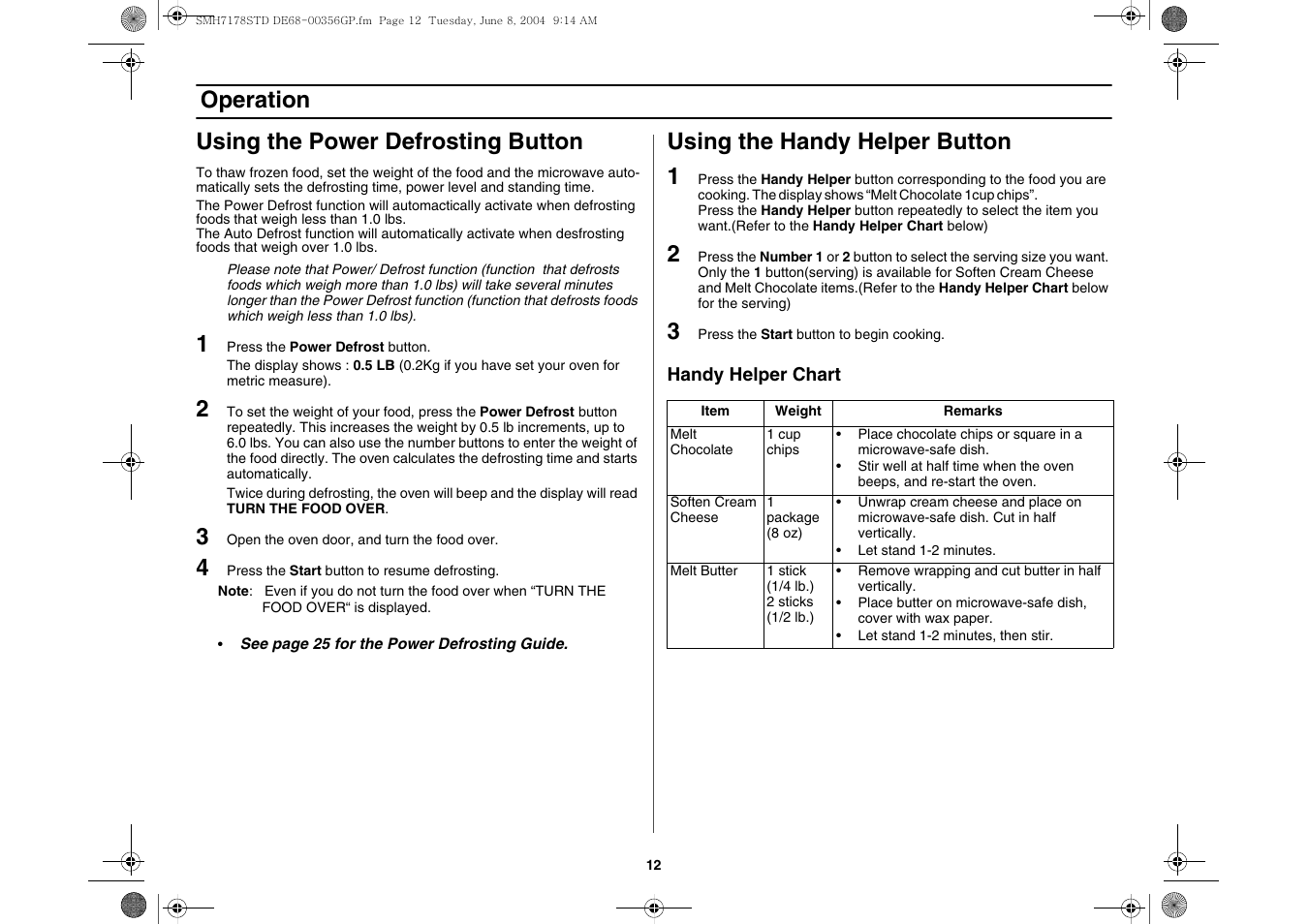 Using the power defrosting button, Using the handy helper button, Operation using the power defrosting button | Using the handy helper button 1 | Samsung SMH7178STD-XAA User Manual | Page 12 / 36