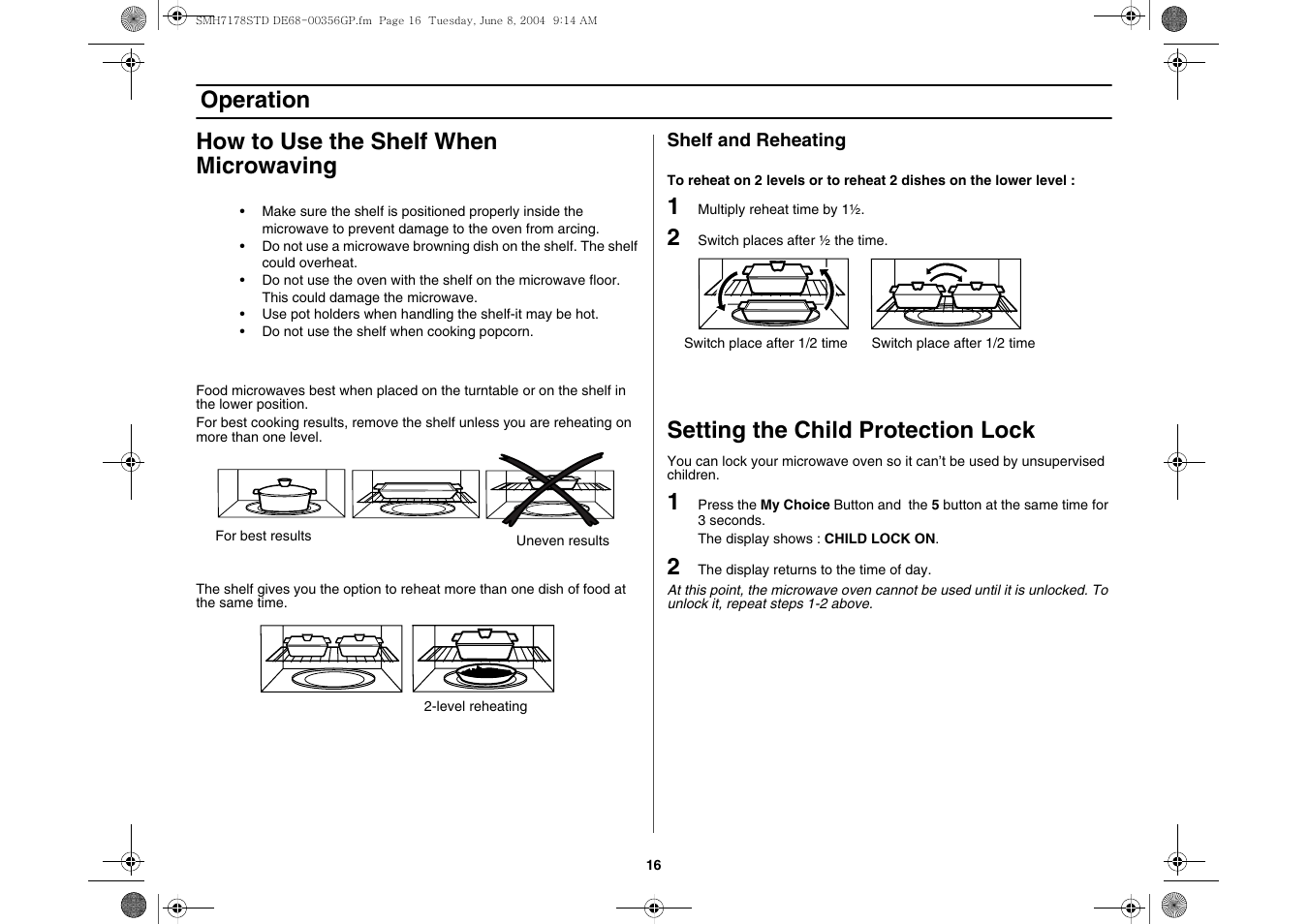 How to use the shelf when, Shelf and reheating, Setting the child protection lock | Operation how to use the shelf when microwaving | Samsung SMH7178STD-XAA User Manual | Page 16 / 36