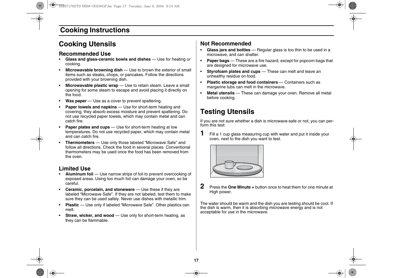 Cooking instructions, Cooking utensils, Testing utensils | Cooking instructions cooking utensils | Samsung SMH7178STD-XAA User Manual | Page 17 / 36