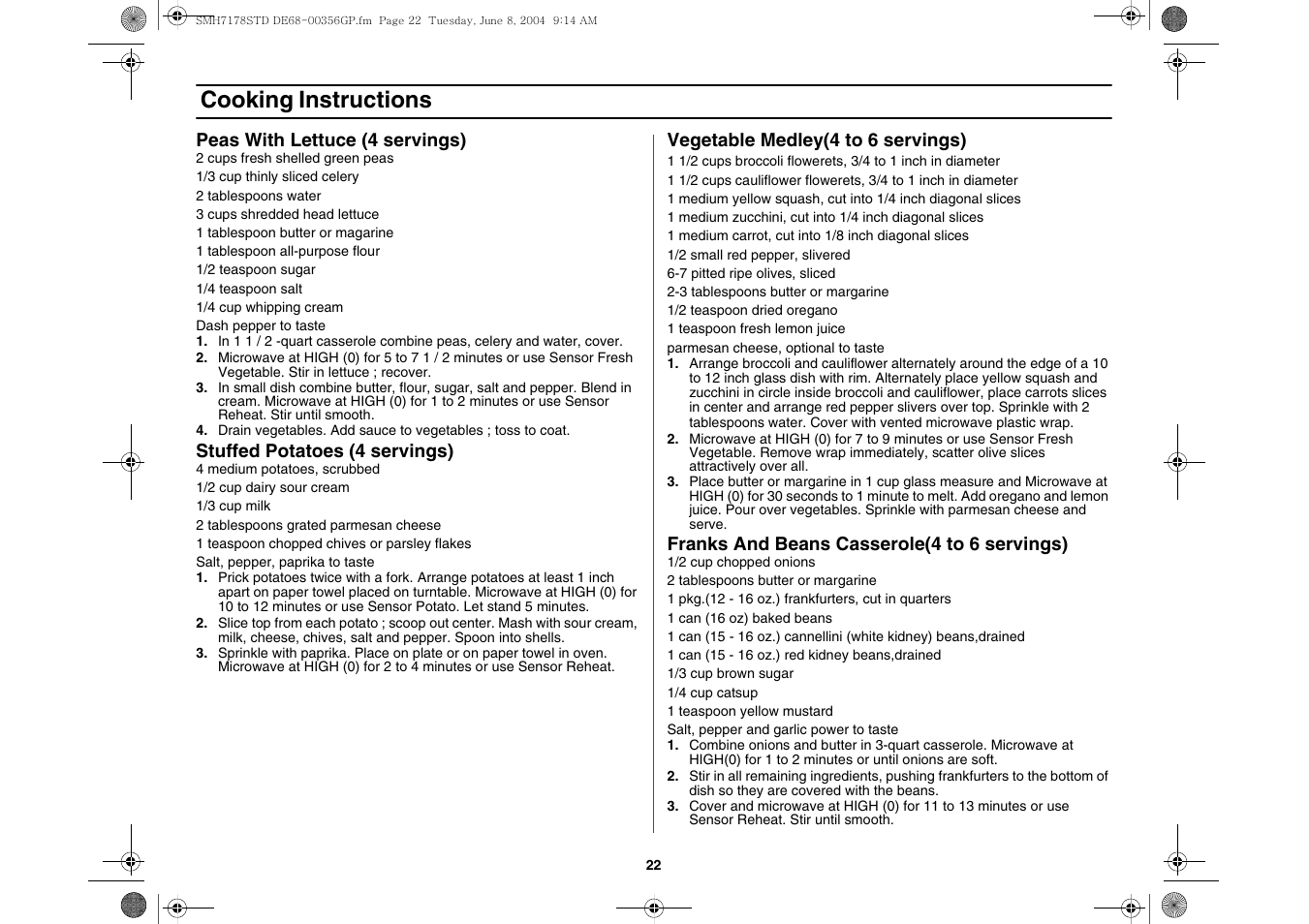 Cooking instructions | Samsung SMH7178STD-XAA User Manual | Page 22 / 36