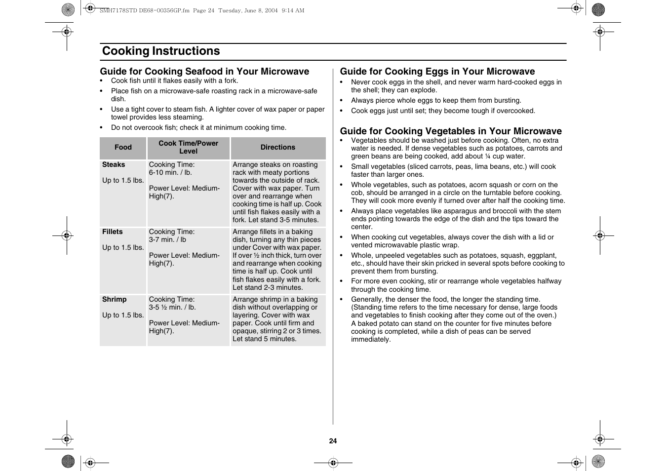 Cooking instructions | Samsung SMH7178STD-XAA User Manual | Page 24 / 36