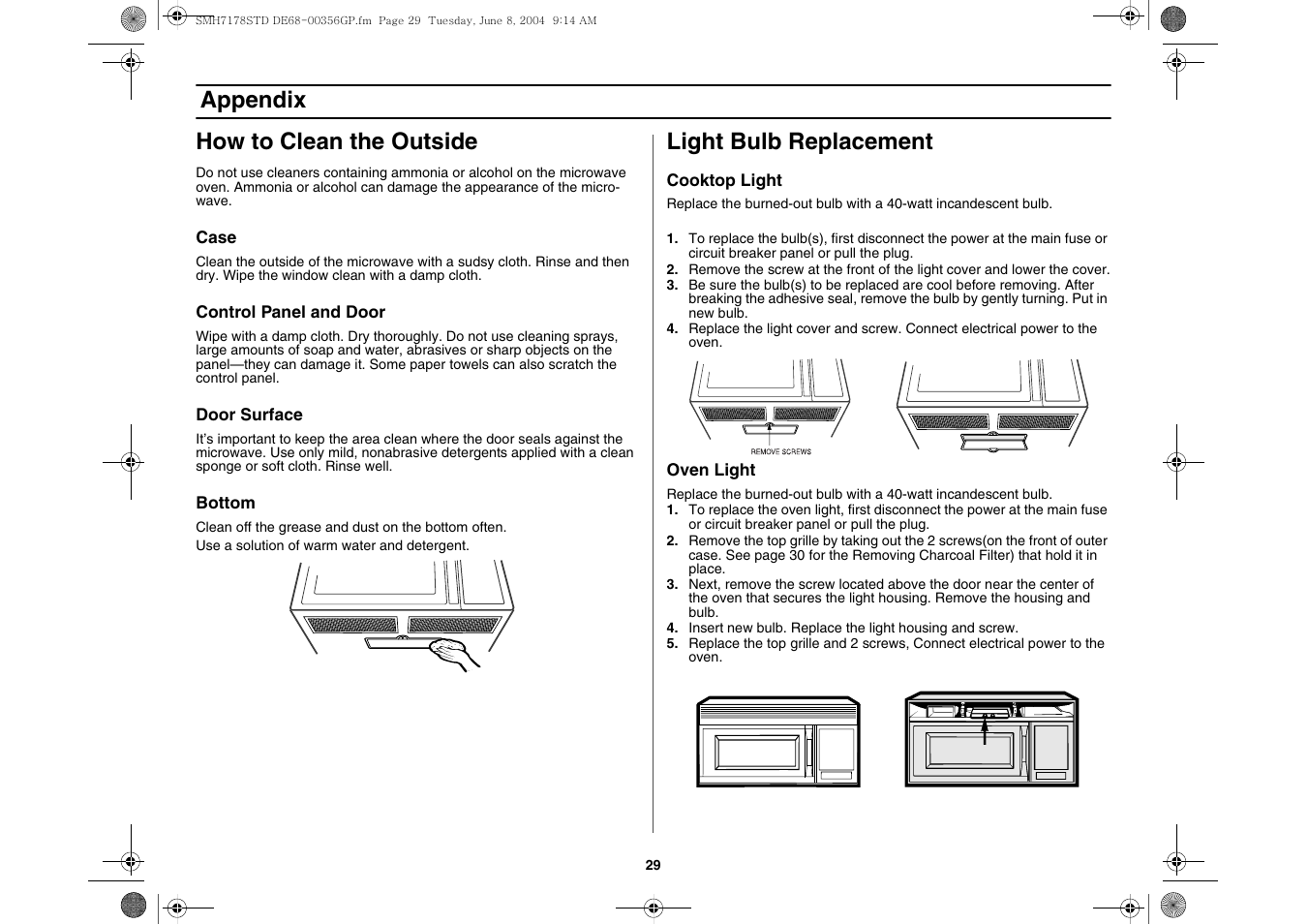 How to clean the outside, Light bulb replacement, Appendix how to clean the outside | Samsung SMH7178STD-XAA User Manual | Page 29 / 36