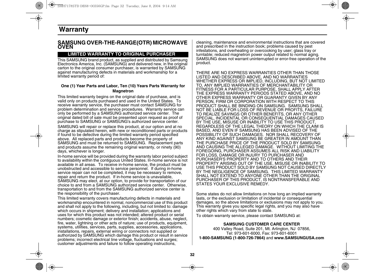 Warranty | Samsung SMH7178STD-XAA User Manual | Page 32 / 36