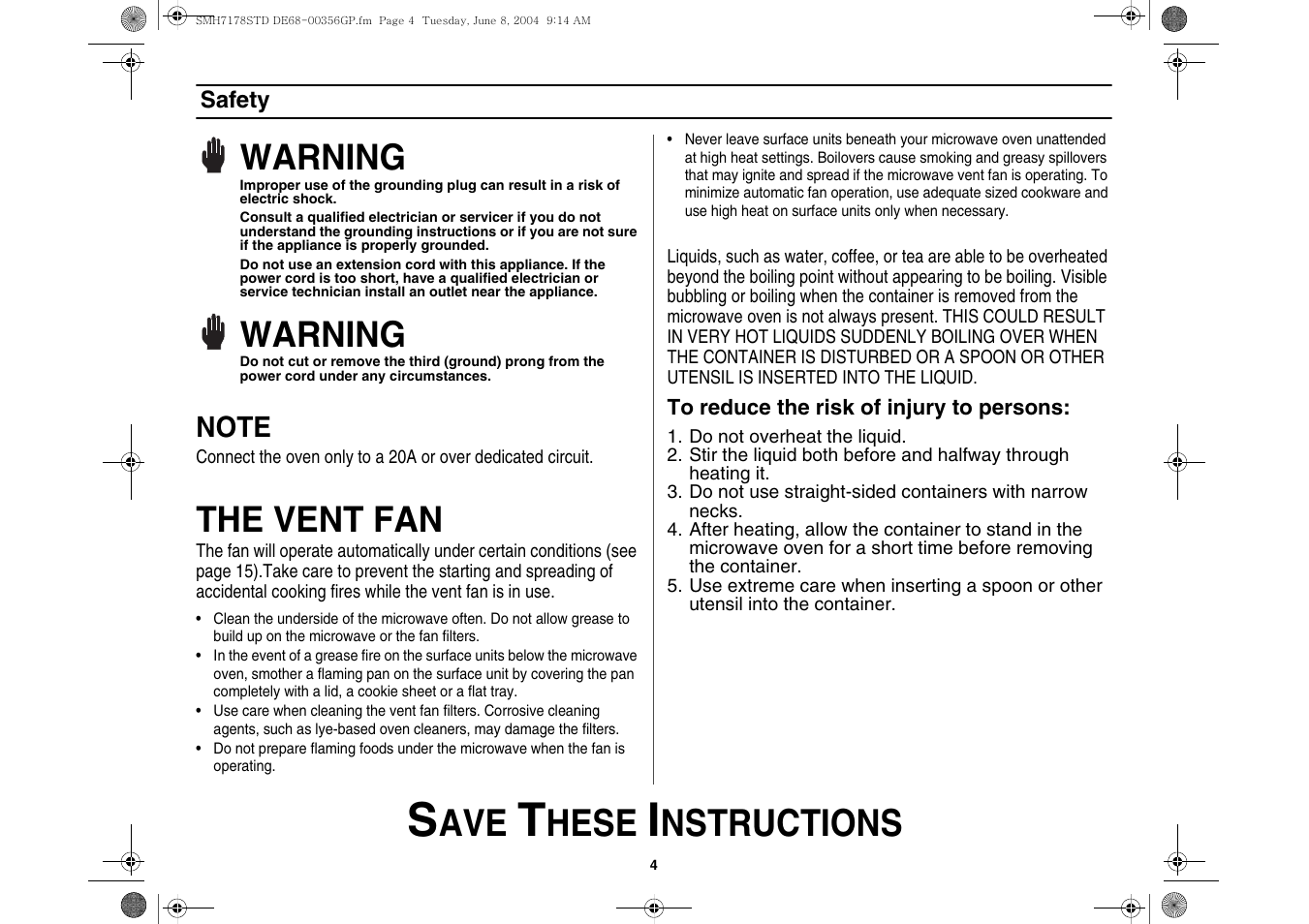 Hese, Nstructions, Warning | The vent fan | Samsung SMH7178STD-XAA User Manual | Page 4 / 36