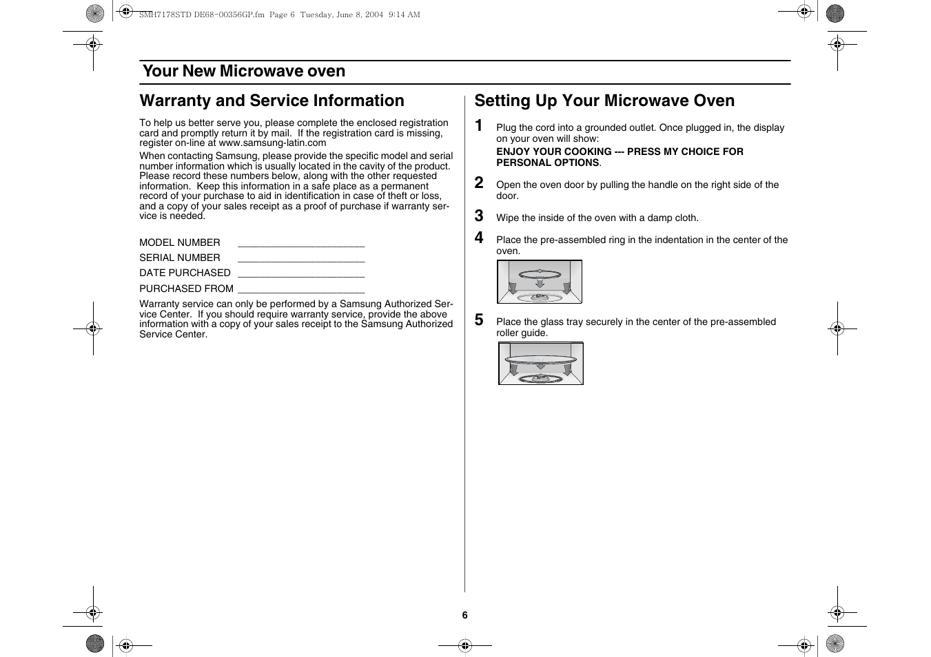 Warranty and service information, Setting up your microwave oven, Setting up your microwave oven 1 | Samsung SMH7178STD-XAA User Manual | Page 6 / 36