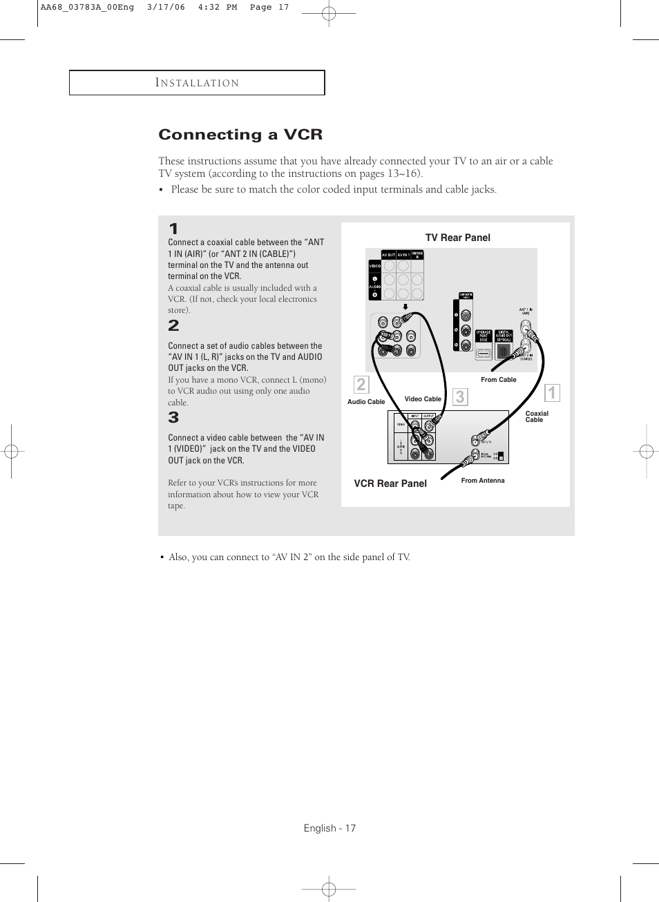 Connecting a vcr | Samsung TXS2783X-XAA User Manual | Page 17 / 72