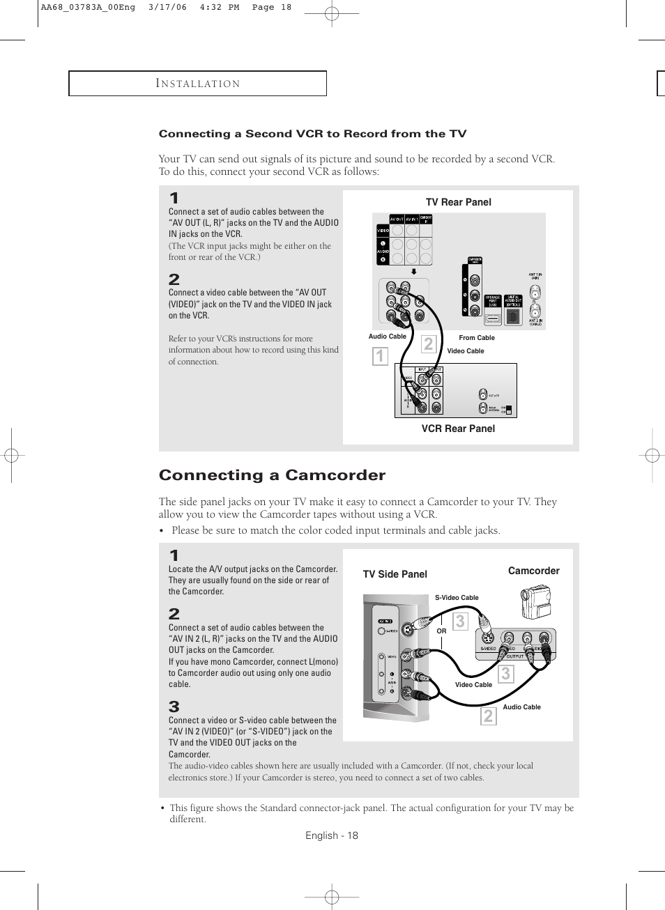 Connecting a second vcr to record from the tv, Connecting a camcorder | Samsung TXS2783X-XAA User Manual | Page 18 / 72
