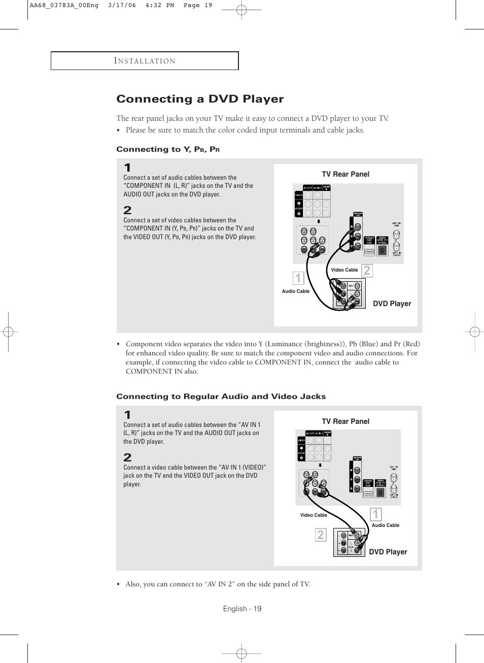 Connecting a dvd player, Connecting to y,pb,pr, Connecting to regular audio and video jacks | Samsung TXS2783X-XAA User Manual | Page 19 / 72