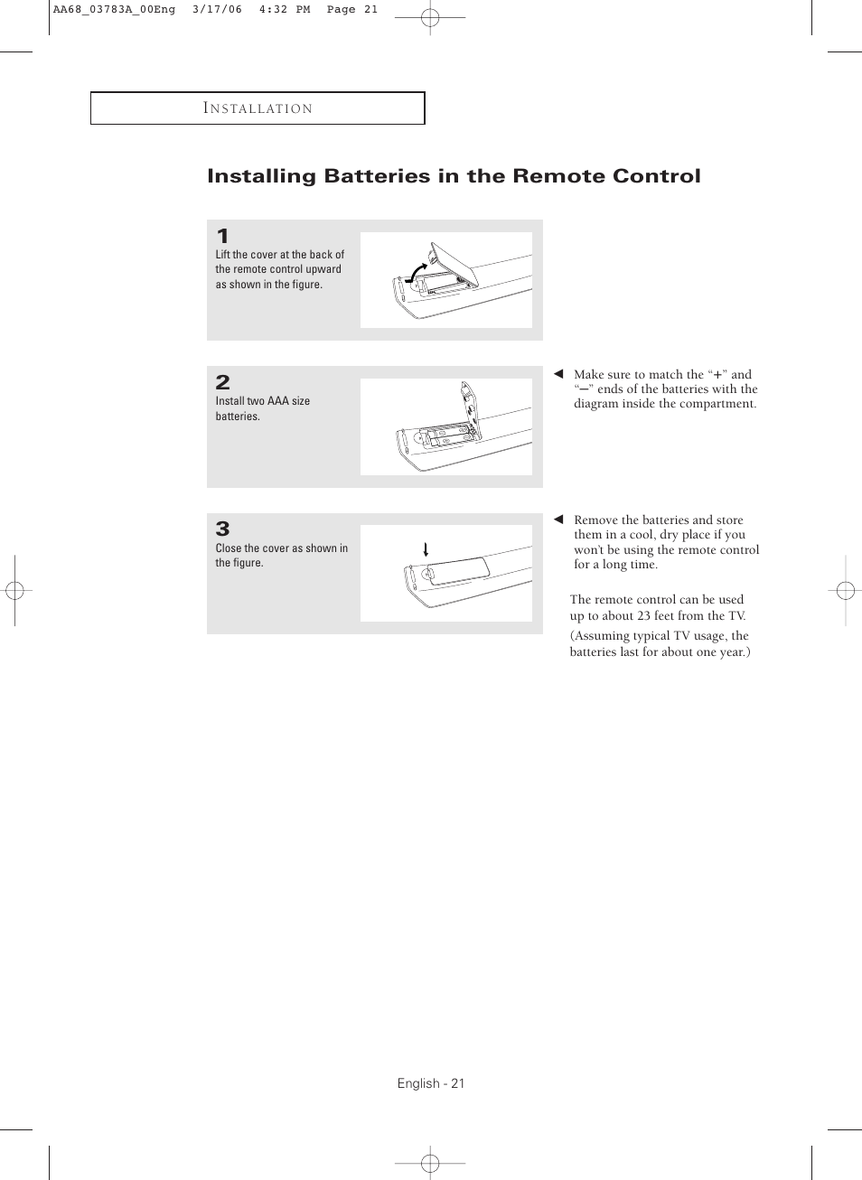 Installing batteries in the remote control | Samsung TXS2783X-XAA User Manual | Page 21 / 72