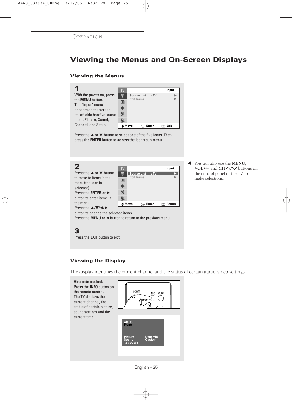Viewing the menus and on-screen displays, Viewing the menus, Viewing the display | Samsung TXS2783X-XAA User Manual | Page 25 / 72