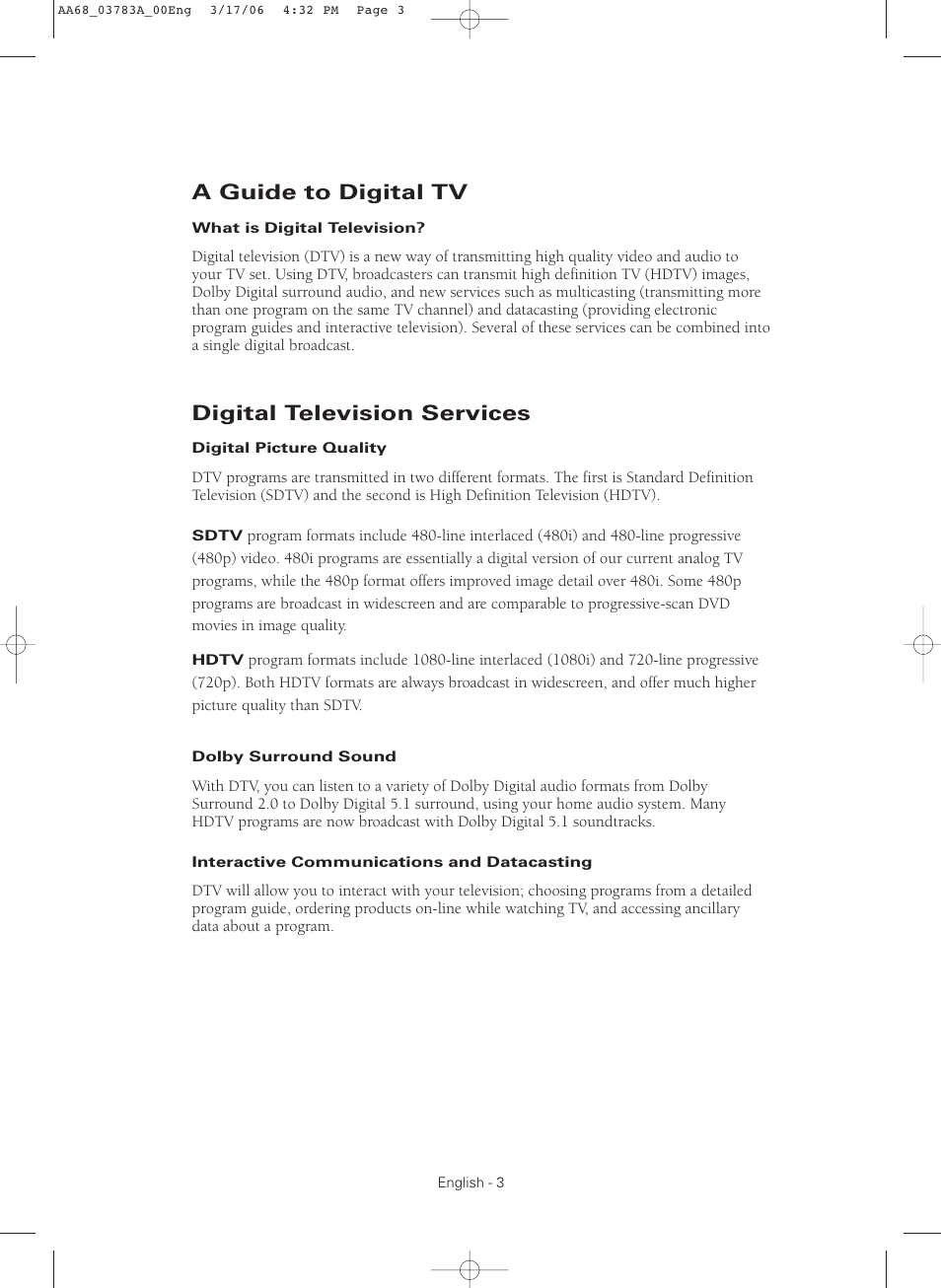 A guide to digital tv, Digital television services | Samsung TXS2783X-XAA User Manual | Page 3 / 72