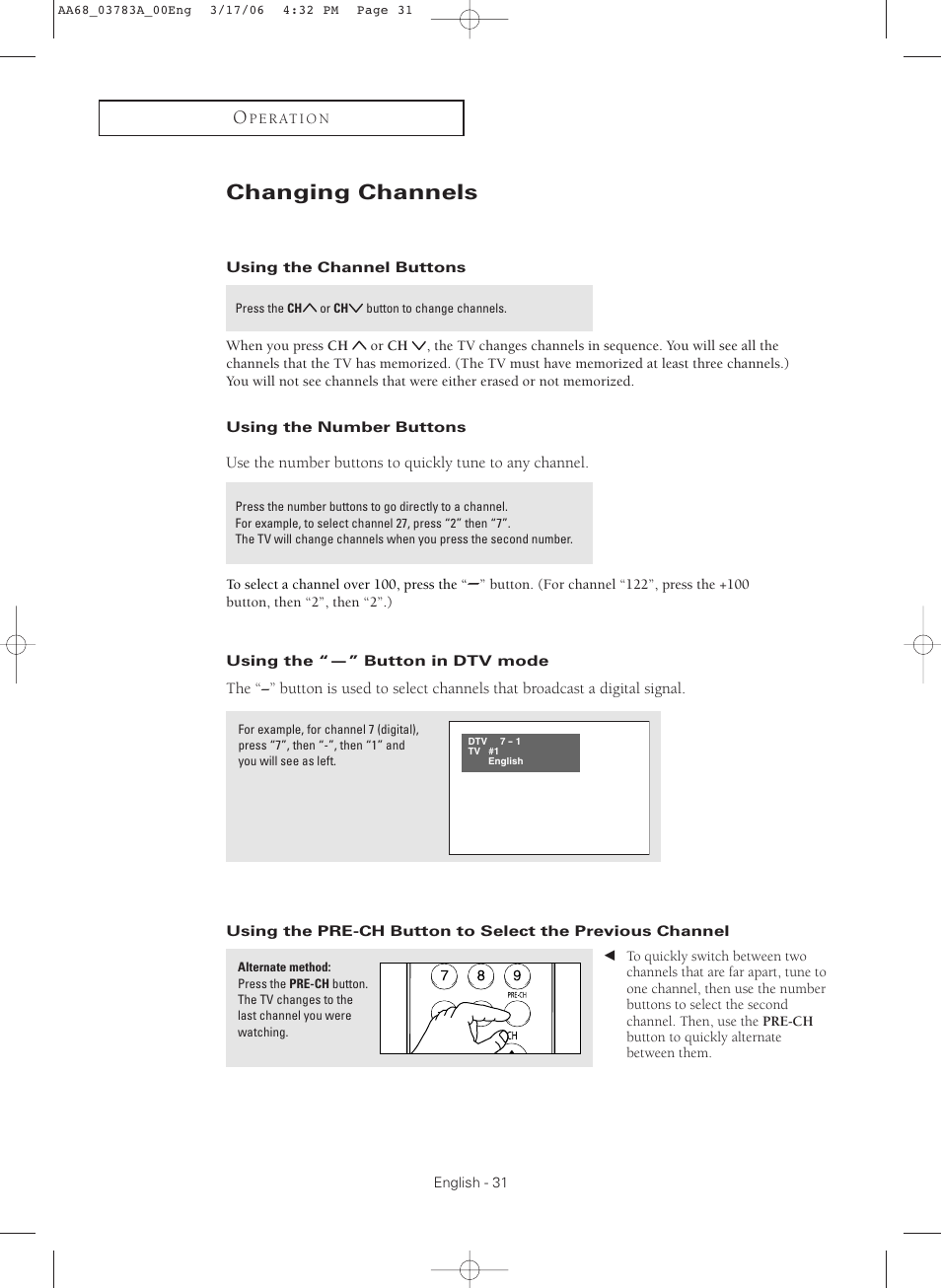 Changing channels, Using the channel buttons, Using the number buttons | Using the“-”button in dtv mode | Samsung TXS2783X-XAA User Manual | Page 31 / 72