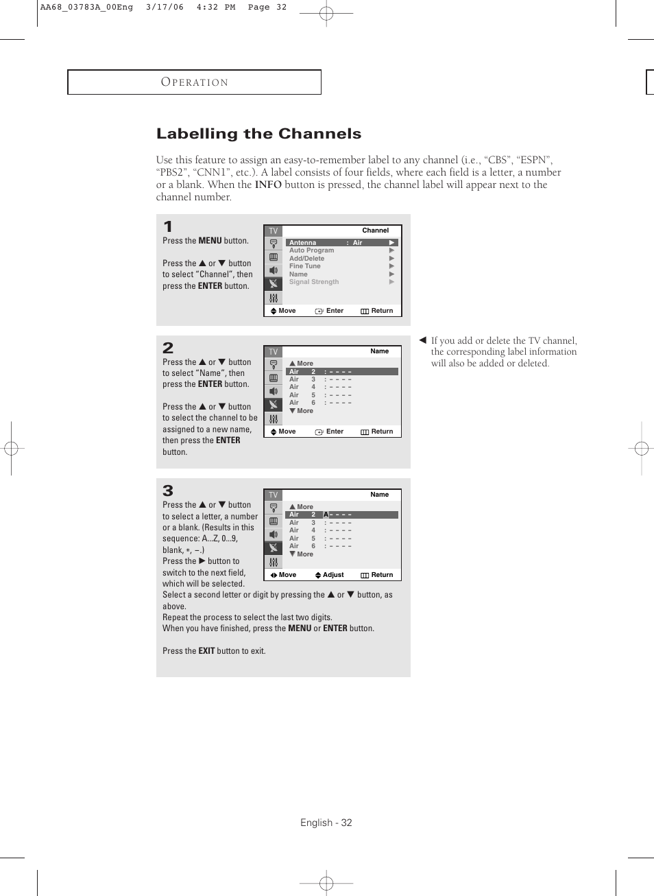 Labelling the channels | Samsung TXS2783X-XAA User Manual | Page 32 / 72