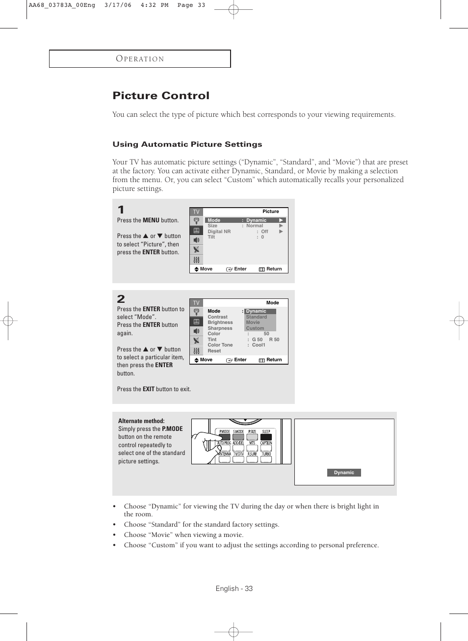 Picture control, Using automatic picture settings | Samsung TXS2783X-XAA User Manual | Page 33 / 72