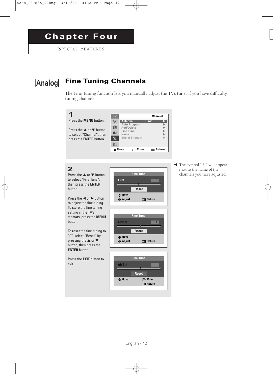 Chapter 4:special features, Analog-fine tuning channels, Analog | Fine tuning channels | Samsung TXS2783X-XAA User Manual | Page 42 / 72
