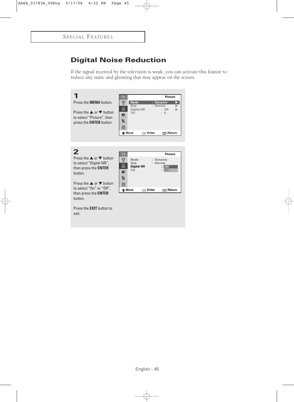 Digital noise reduction | Samsung TXS2783X-XAA User Manual | Page 45 / 72