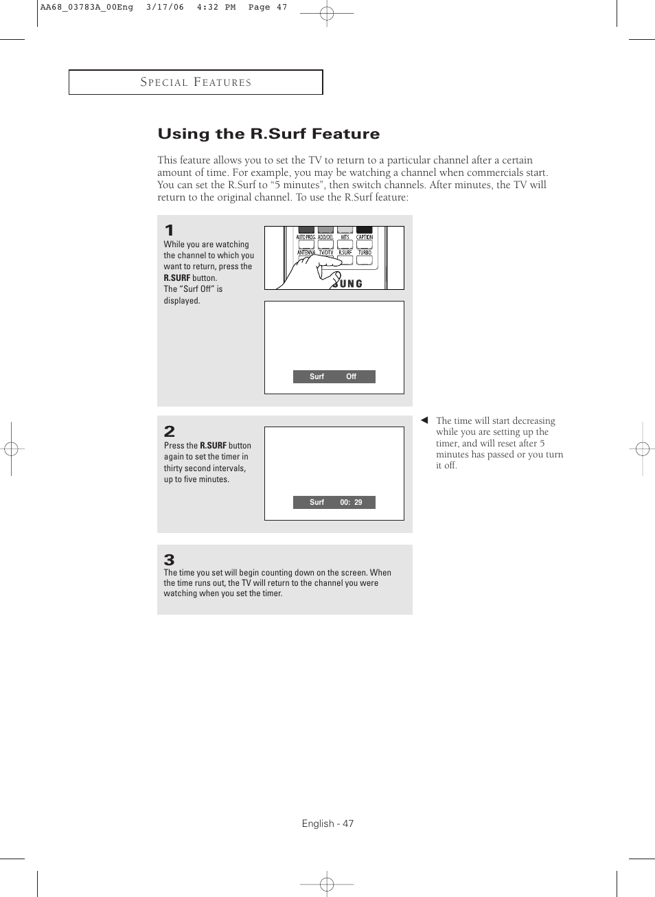 Using the rsurf feature, Using the r.surf feature | Samsung TXS2783X-XAA User Manual | Page 47 / 72