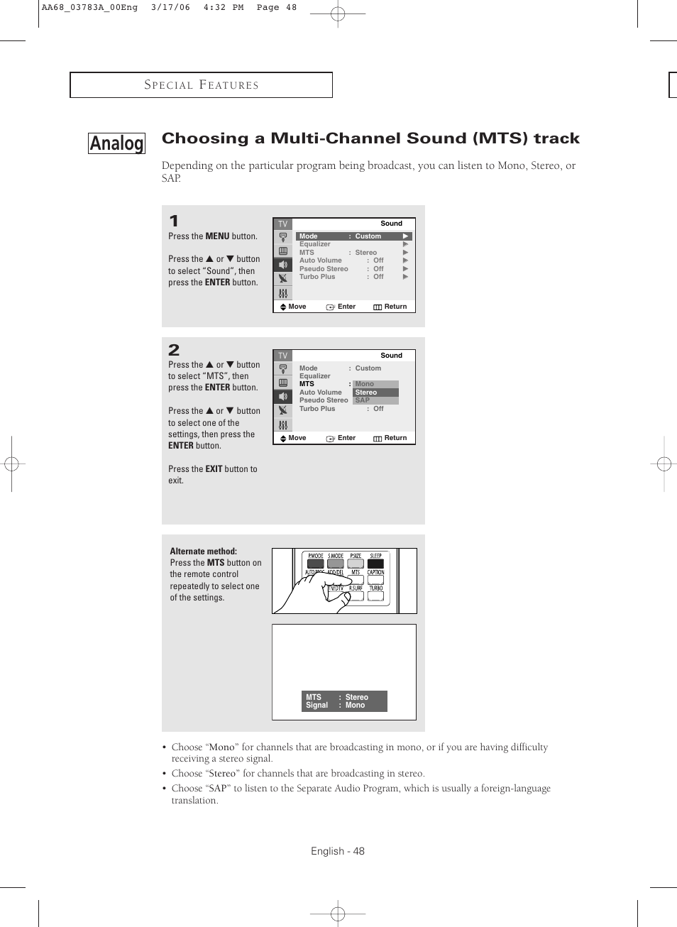 Analog-choosing a multi-channel sound(mts)track, Analog, Choosing a multi-channel sound (mts) track | Samsung TXS2783X-XAA User Manual | Page 48 / 72