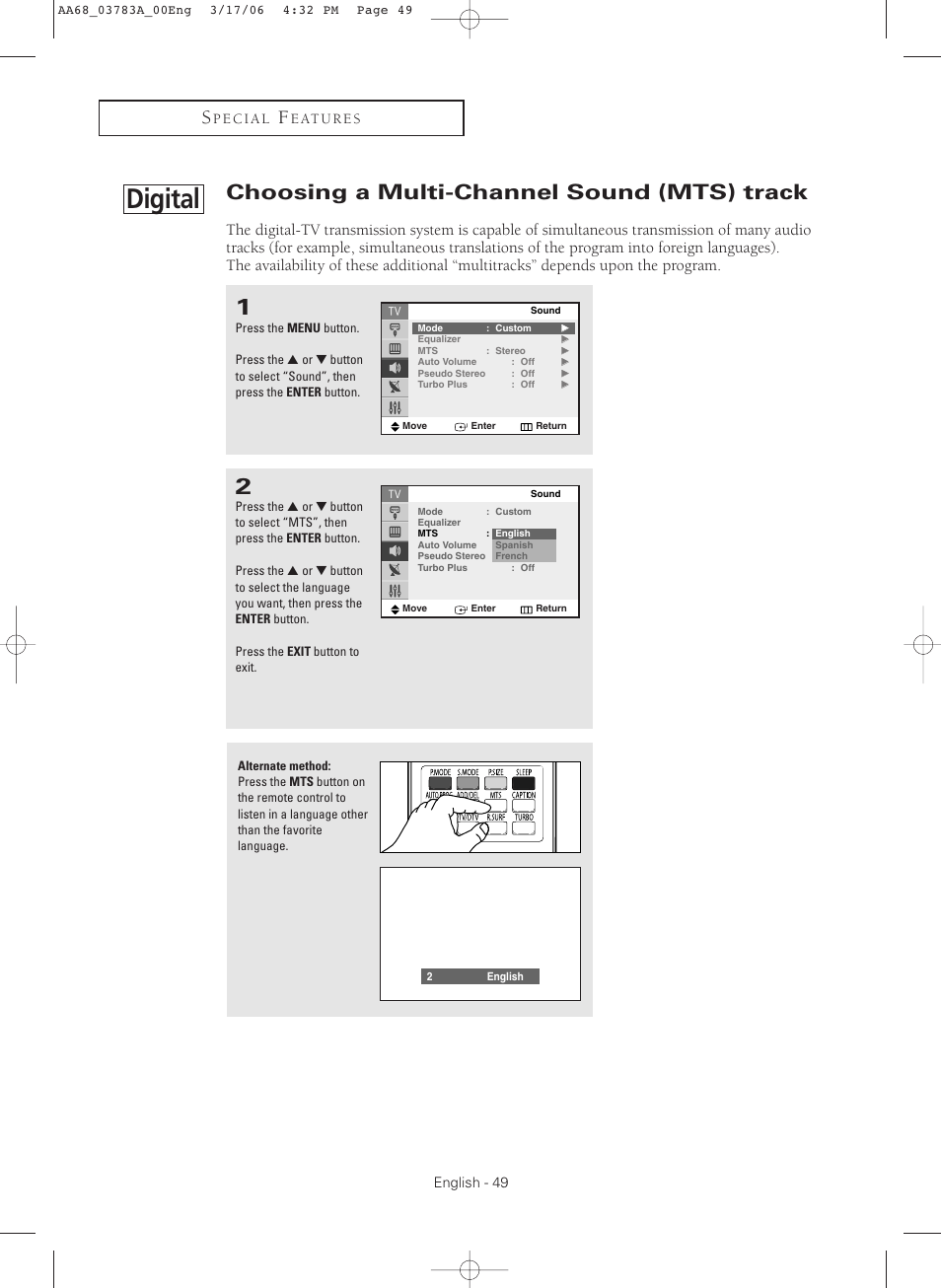 Digital-choosing a multi-channel sound(mts)track, Digital, Choosing a multi-channel sound (mts) track | Samsung TXS2783X-XAA User Manual | Page 49 / 72