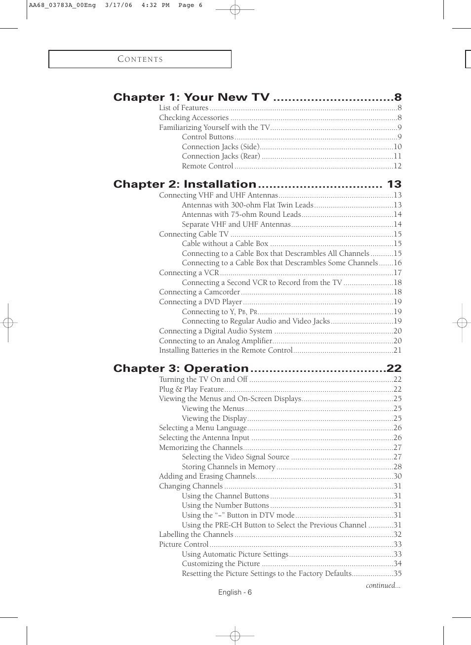 Chapter 1: your new tv, Chapter 2: installation, Chapter 3: operation | Samsung TXS2783X-XAA User Manual | Page 6 / 72