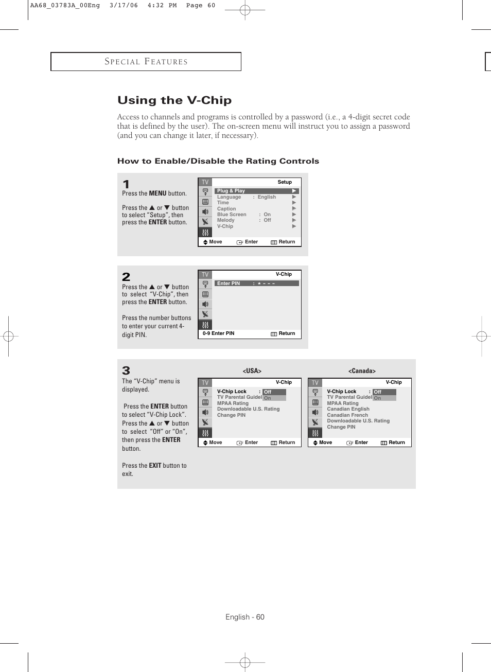 Using the v-chip, How to enable/disable the rating controls | Samsung TXS2783X-XAA User Manual | Page 60 / 72