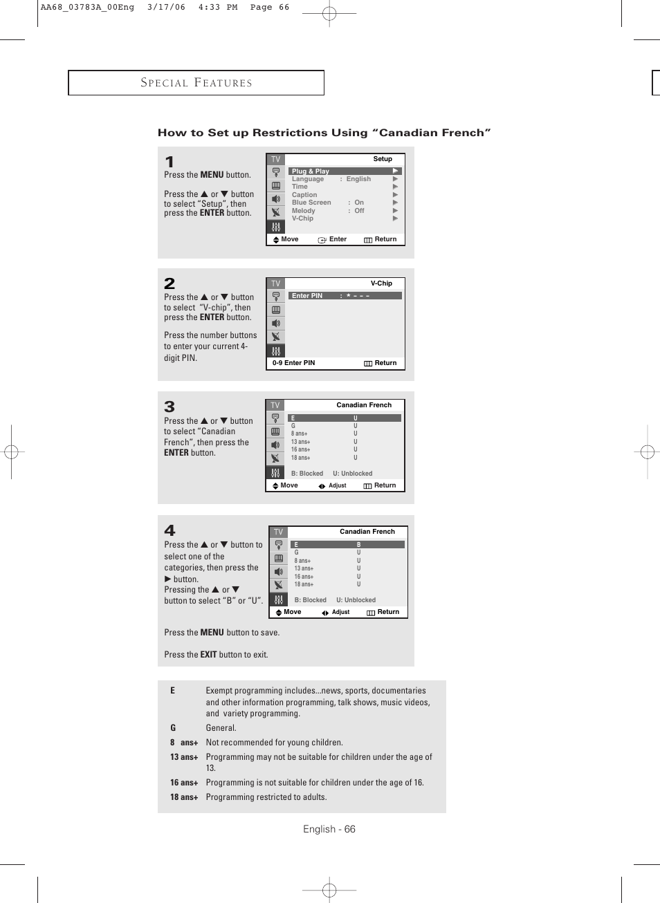 How to set up restrictions using“canadian french | Samsung TXS2783X-XAA User Manual | Page 66 / 72