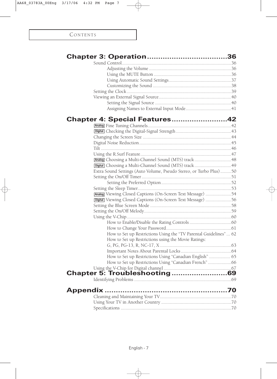 Chapter 3: operation, Chapter 4: special features, Chapter 5: troubleshooting | Appendix | Samsung TXS2783X-XAA User Manual | Page 7 / 72